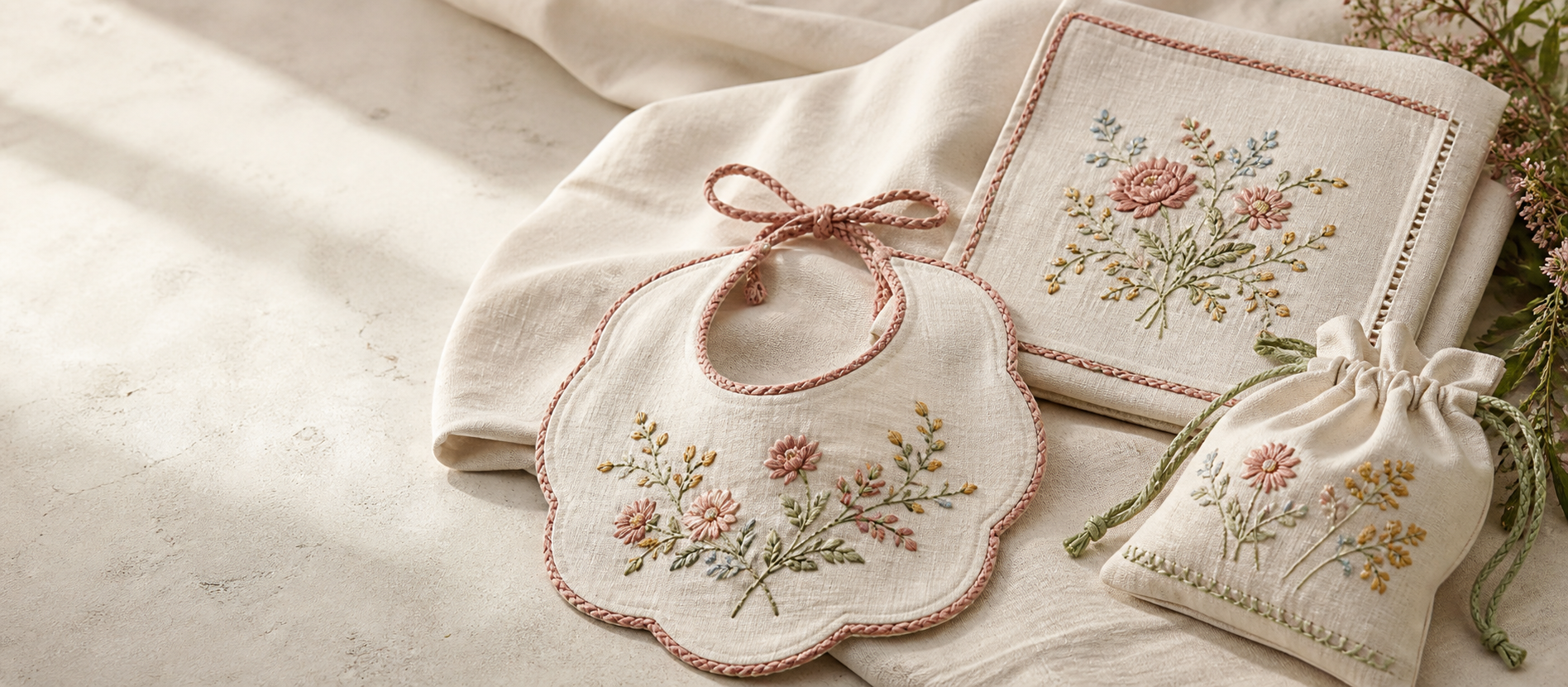 Selección de piezas textiles de lino con flores bordadas a mano