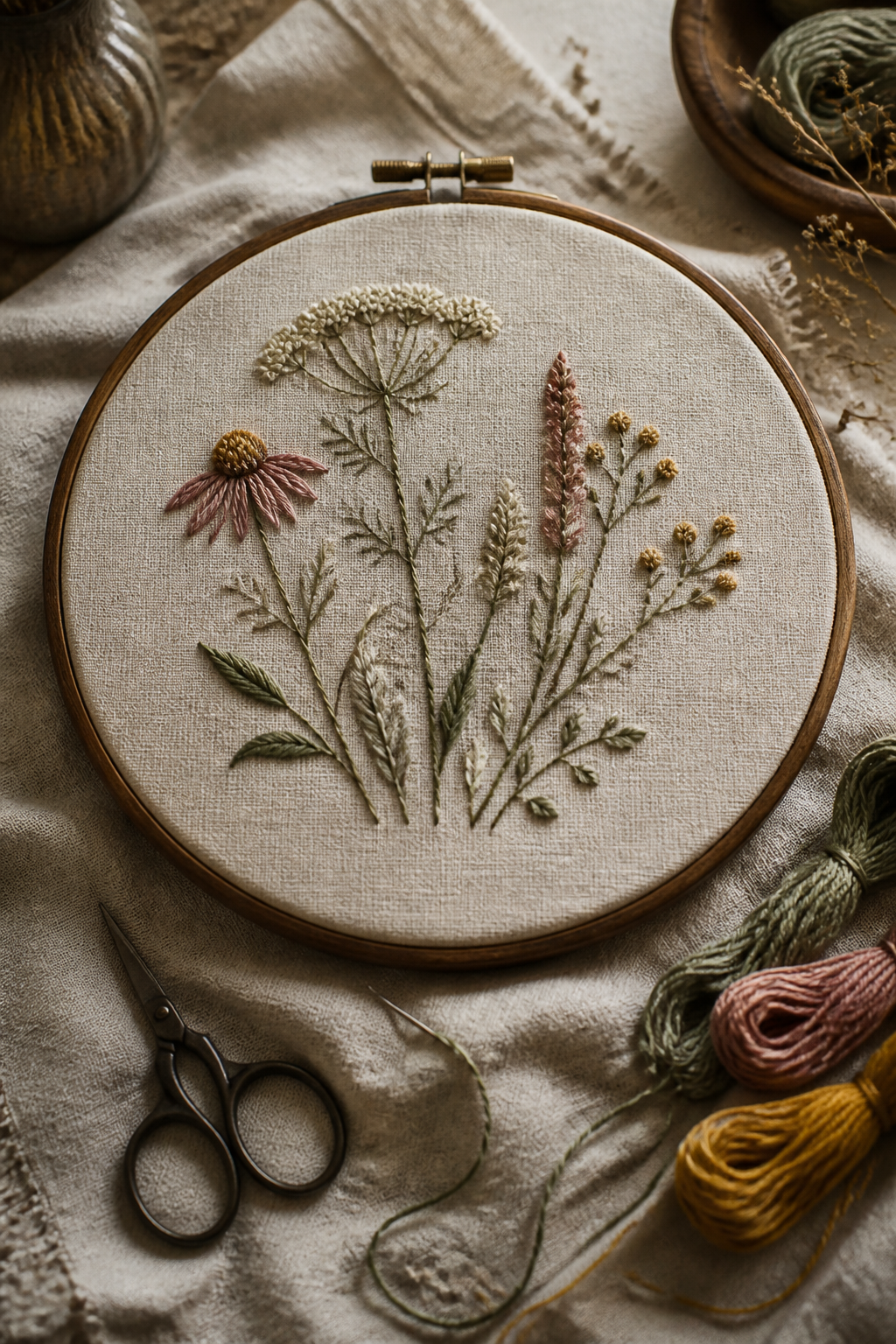 Bastidor con flores bordadas y materiales de taller