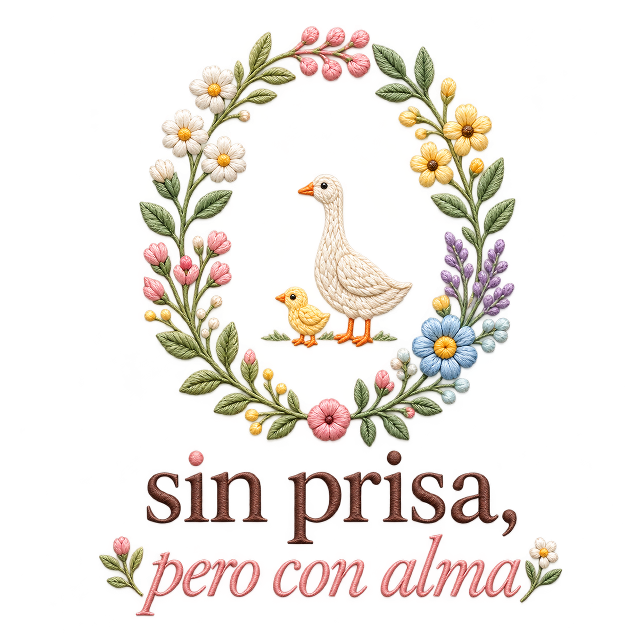 Sin prisa, pero con alma, emblema floral con aves bordadas